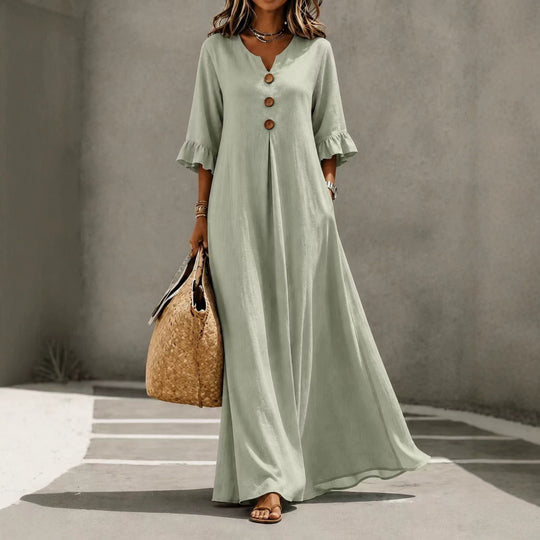 Damen Leichtes Maxikleid aus Leinenoptik mit V-Ausschnitt Zierknopfleiste und Volantärmeln Shop Nory
