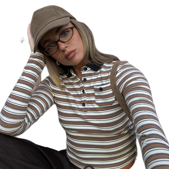 Damen nan gestreiftes Polo-Crop-Longsleeve mit kontrastkragen und Brusttasche Shop Nory