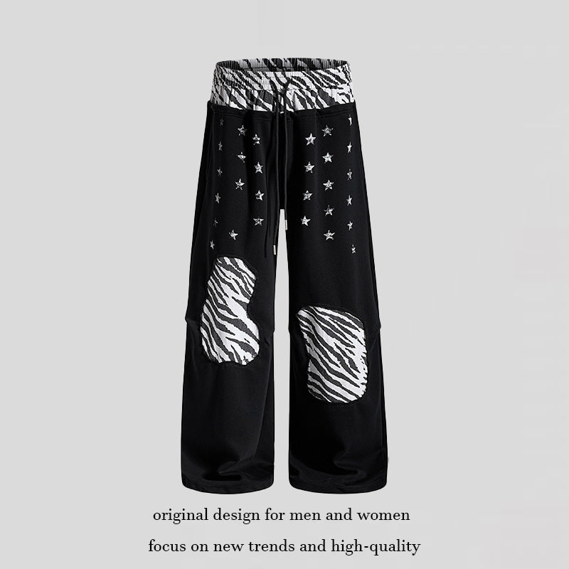 Damen Lässige Palazzo-Jogginghose mit Elastbund, Zebra‑Kniepatches und Sternen‑Print Shop Nory
