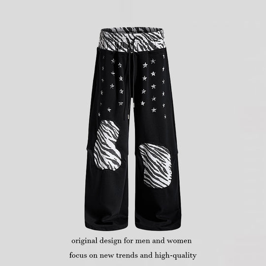 Damen Lässige Palazzo-Jogginghose mit Elastbund, Zebra‑Kniepatches und Sternen‑Print Shop Nory
