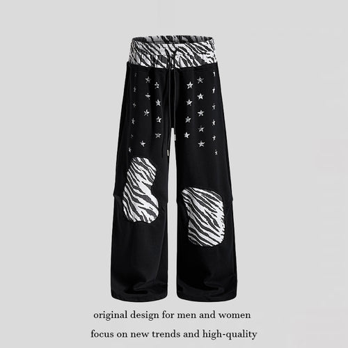 Damen Lässige Palazzo-Jogginghose mit Elastbund, Zebra‑Kniepatches und Sternen‑Print Shop Nory