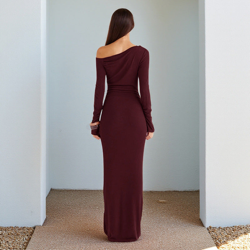 Damen One-Shoulder Abend-Maxikleid mit langem Arm und taillierter Drapierung Shop Nory