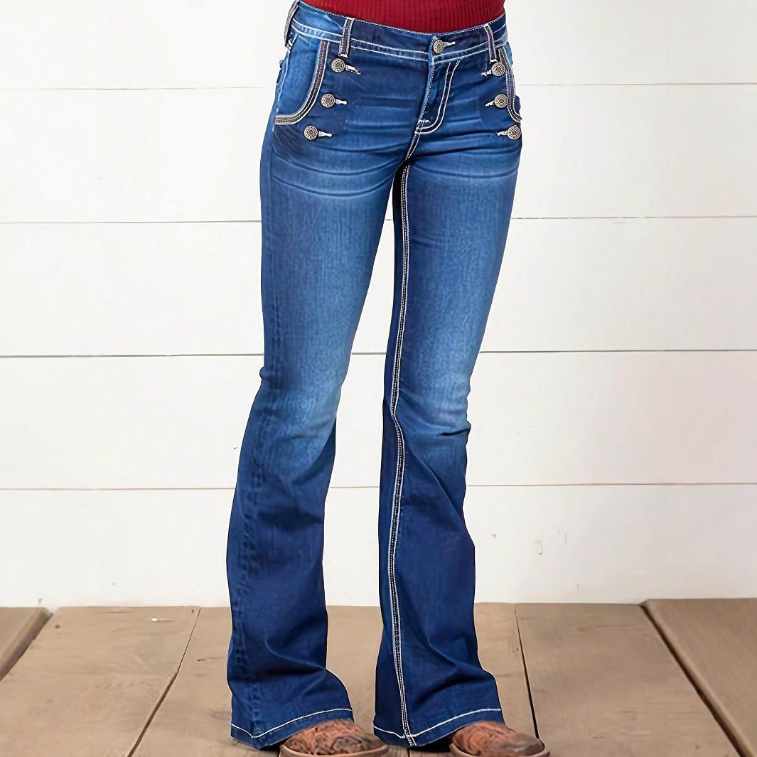 Damen Taillenbetonte Bootcut-Jeans mit Zierknopf-Applikation und Kontrastnähten Shop Nory