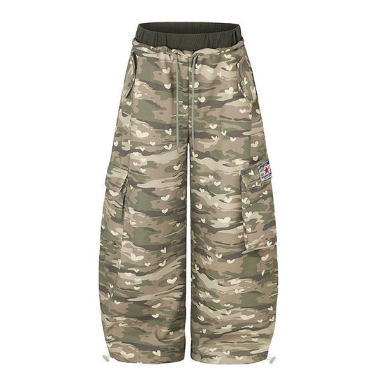 Damen Weite Cargo-Hose mit Herzen-Camouflage, Tunnelzugbund und großzügigen Taschen Shop Nory