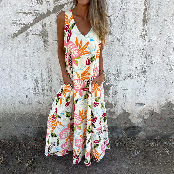 Damen luftiges Maxikleid mit floralem Muster und praktischen Taschen