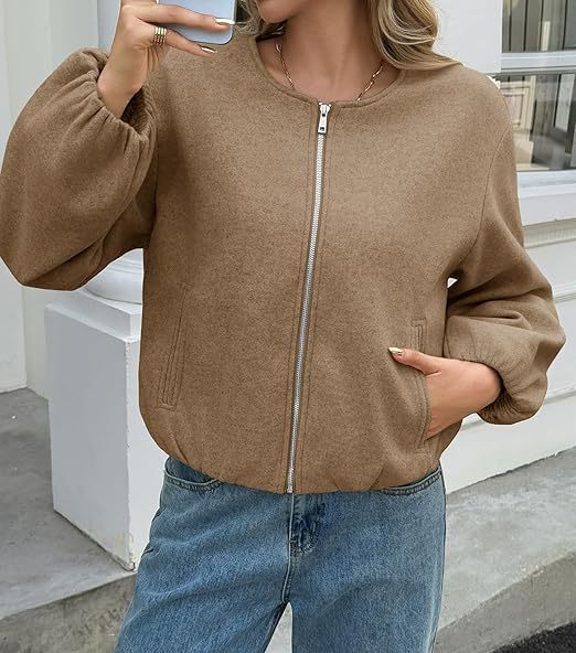 Damen Kurzjacke mit durchgehendem Reißverschluss, Ballonärmeln und elastischem Saum Shop Nory