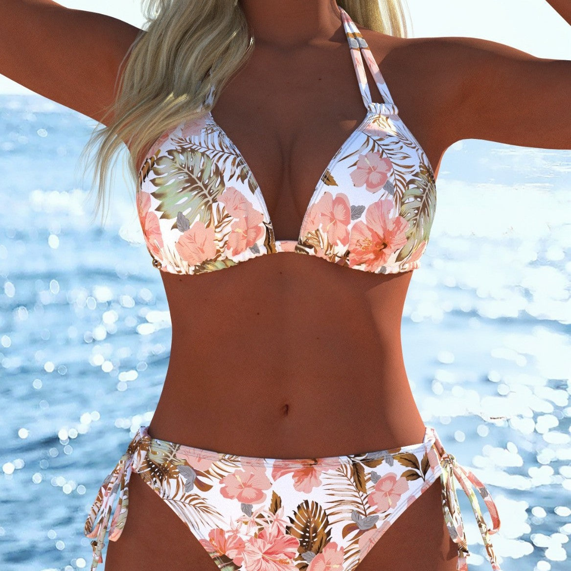 Damen Bikini-Set mit elegantem Palmendruck und geschmackvollem Schmuckdetail Shopnory