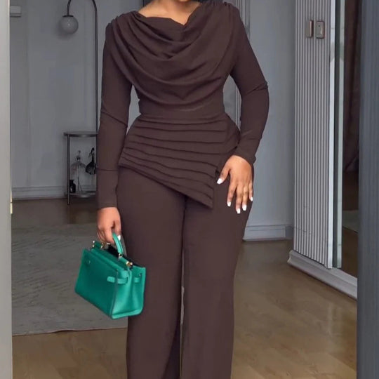 Damen Zweiteiliges Ensemble mit Wasserfall-Drapé-Oberteil, abgestuftem Peplum und gerader Bundfalten-Hose Shop Nory