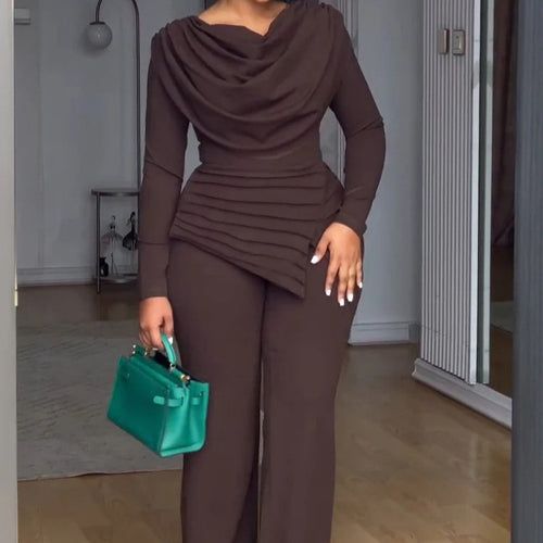 Damen Zweiteiliges Ensemble mit Wasserfall-Drapé-Oberteil, abgestuftem Peplum und gerader Bundfalten-Hose Shop Nory