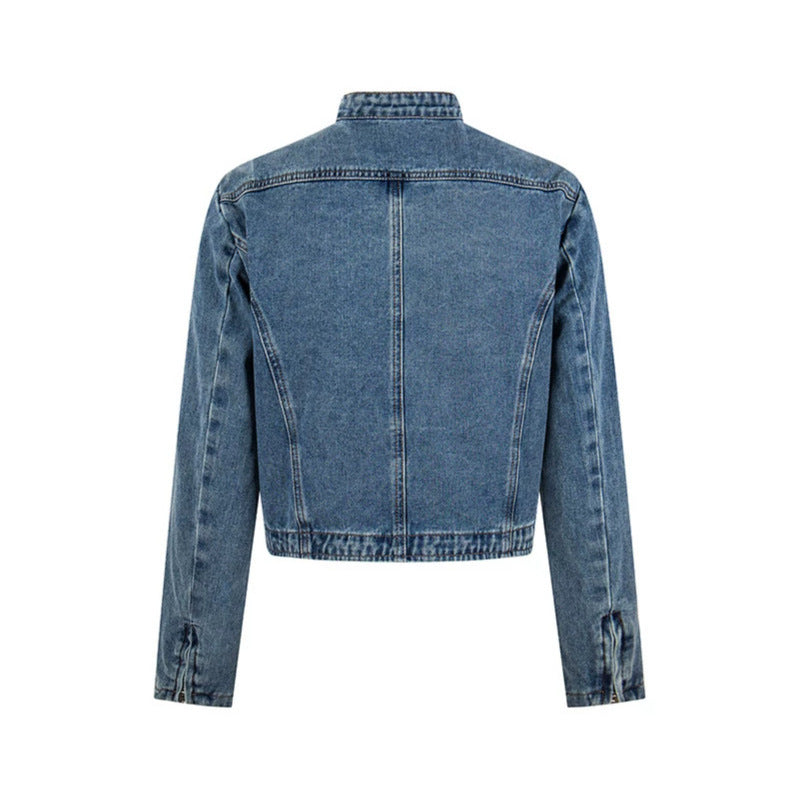 Damen Kurz geschnittene taillierte Jeansjacke mit Stehkragen und verdecktem Reißverschluss Shop Nory