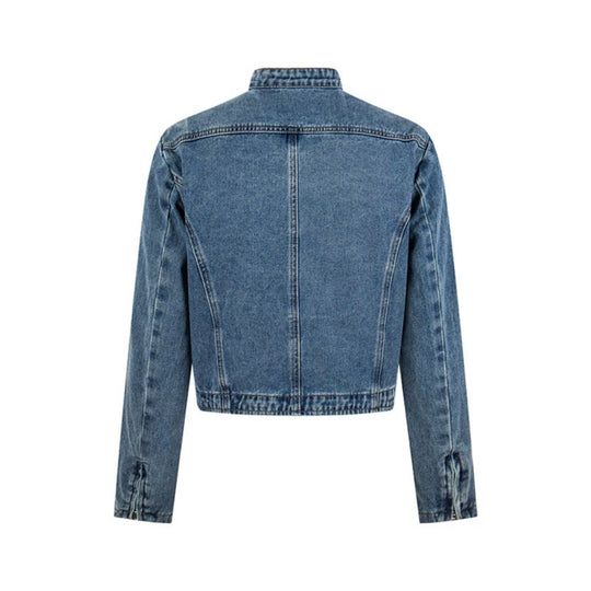 Damen Kurz geschnittene taillierte Jeansjacke mit Stehkragen und verdecktem Reißverschluss Shop Nory