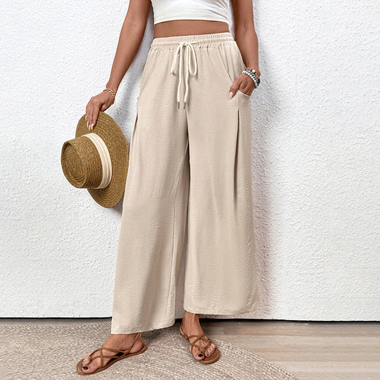 Damen Weite Leinenoptik Palazzo-Hose mit Elastischem Bund und Kordelzug Shop Nory