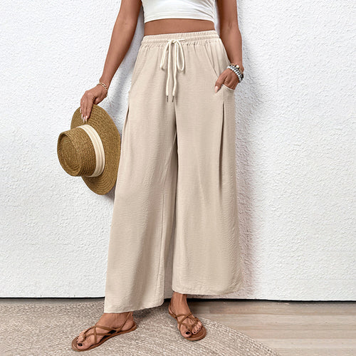 Damen Weite Leinenoptik Palazzo-Hose mit Elastischem Bund und Kordelzug Shop Nory