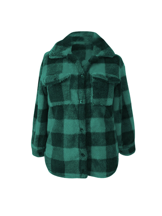 Damen Oversized Teddy-Hemdjacke mit Karomuster Shopy Nory