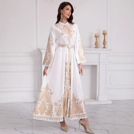 Damen Besticktes Maxikleid mit Stehkragen, Taillengürtel und Orientalischem Paisley-Motiv Shop Nory