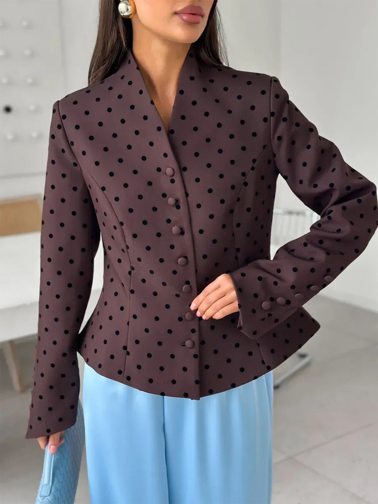 Damen Taillierter Stehkragen-Blazer mit Punktmuster und verdeckter Knopfleiste Shop Nory