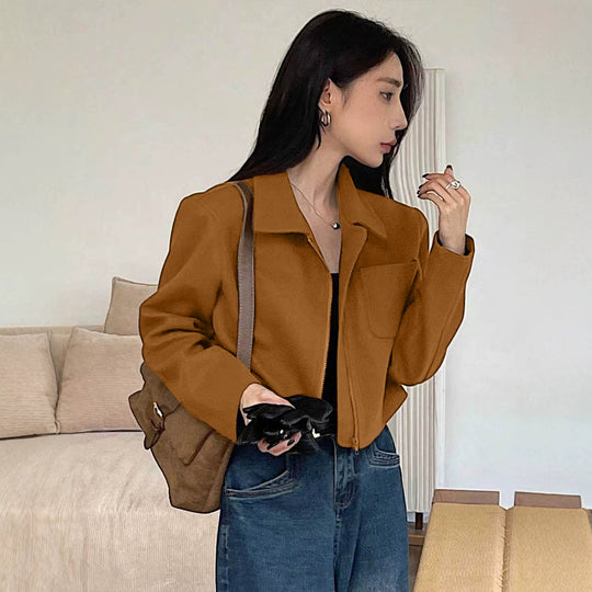 Damen Kurzjacke aus Wildlederimitat mit Reißverschluss und Hemdkragen Shop Nory