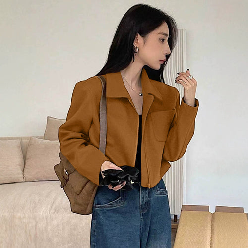 Damen Kurzjacke aus Wildlederimitat mit Reißverschluss und Hemdkragen Shop Nory