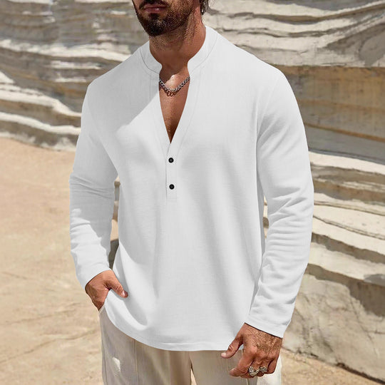 Herren Leichtes Leinen-Henley mit Stehkragen und 2-Knopf-Blende Shop Nory