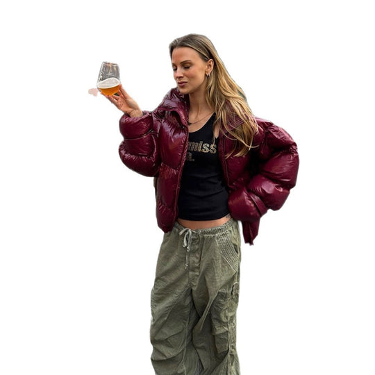 Damen Glänzende Oversize-Steppjacke mit Kapuze und hohem Stehkragen Shop Nory