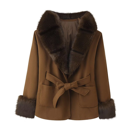 Damen Kurzer Wollmix-Mantel mit Kunstfellkragen, Taillengürtel und aufgesetzten Taschen Shop Nory