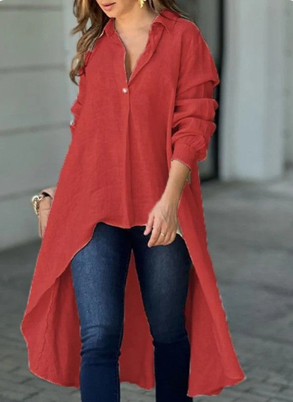 Damen Leichte Leinen‑Tunika‑Bluse mit asymmetrischem High‑Low‑Schwanz und Hemdkragen Shop Nory