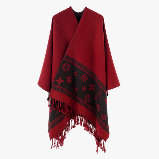 Damen Eleganter V-Ausschnitt Poncho aus feinem Wollmix mit kontrastierendem Jacquardbesatz und Fransensaum Shop Nory