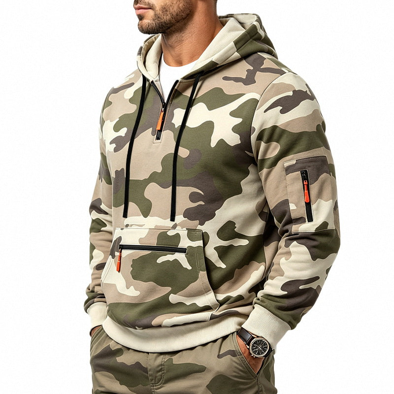 Herren Kapuzenpullover mit Tarnmuster, Reißverschlusstaschen und Kängurutasche Shop Nory