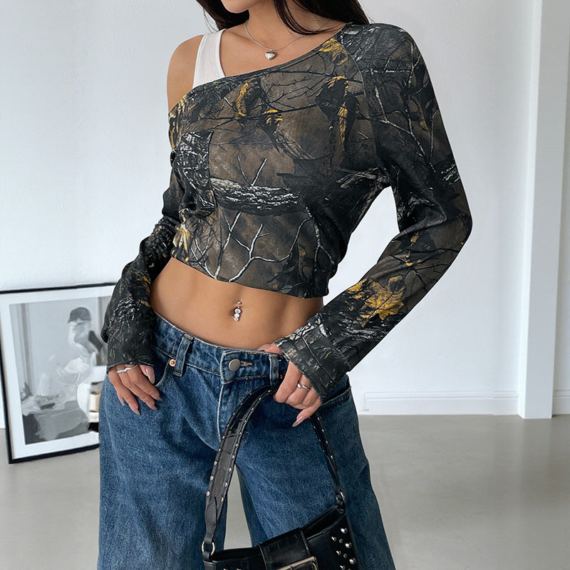 Damen Schulterfreies Langarmshirt mit Camouflage-Waldprint Shop Nory