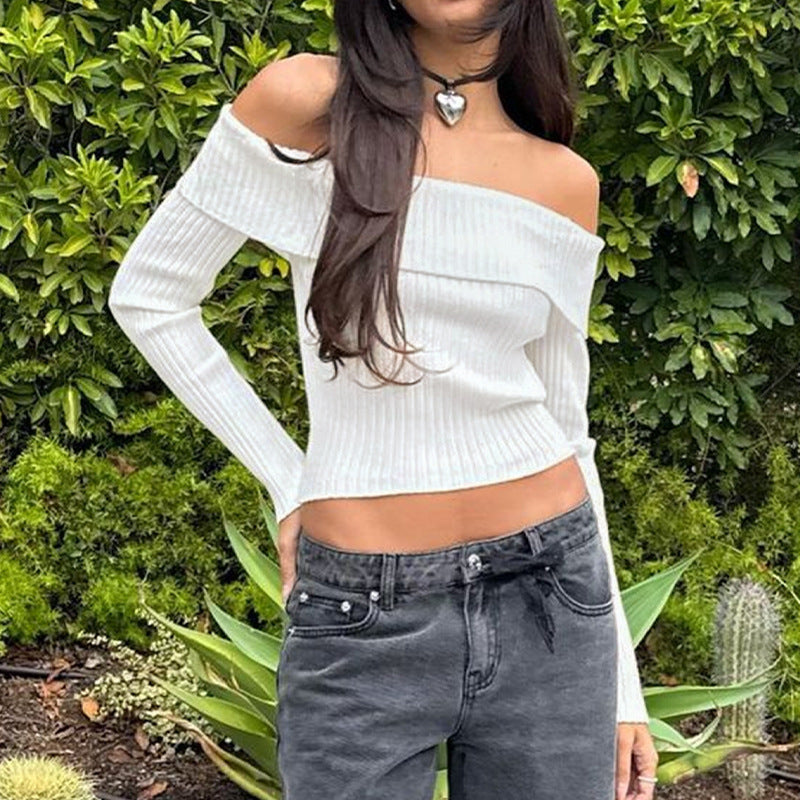 Damen Schulterfreies Rippstrick-Cropped-Top mit taillierter Passform und langen Ärmeln Shop Nory