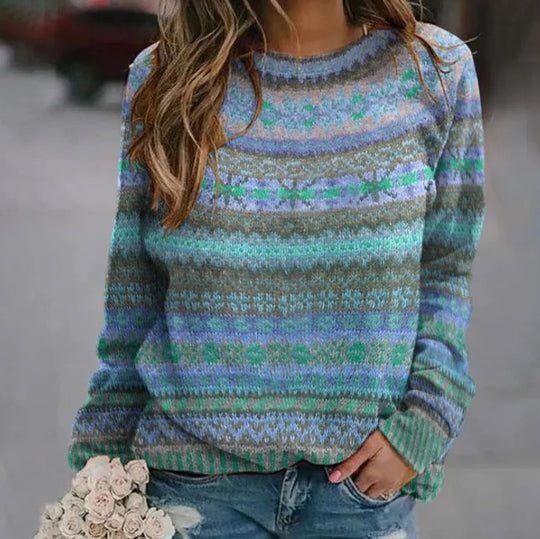 Damen gemusterter Strickpullover mit Rundhalsausschnitt, Fair Isle Muster und lässigem Oversized-Schnitt Shop Nory