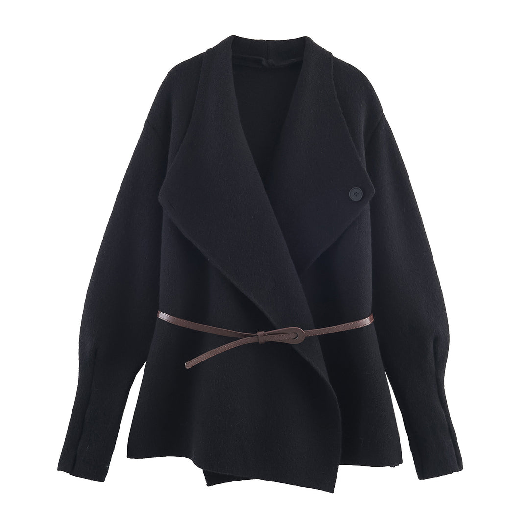 Damen Kurzgeschnittener Wollmix-Cardigan-Mantel mit weitem Schalkragen und schmalem Bindegürtel Shop Nory