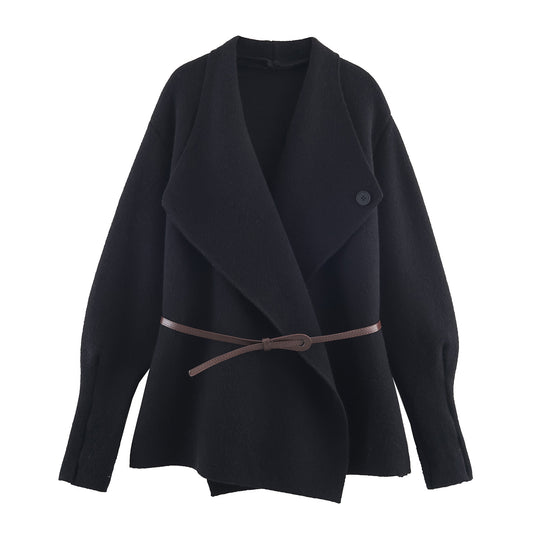 Damen Kurzgeschnittener Wollmix-Cardigan-Mantel mit weitem Schalkragen und schmalem Bindegürtel Shop Nory