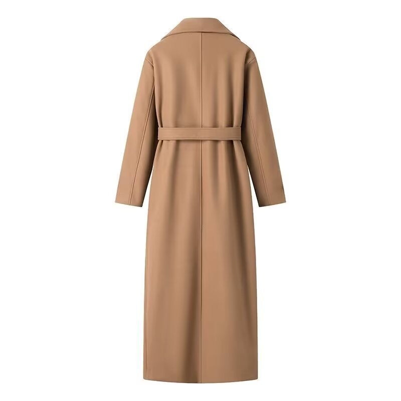 Damen Doppelreihiger Maxilanger Trenchcoat mit Bindegürtel und Cape-Überwurf Shop Nory