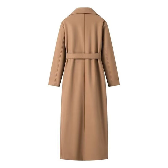 Damen Doppelreihiger Maxilanger Trenchcoat mit Bindegürtel und Cape-Überwurf Shop Nory