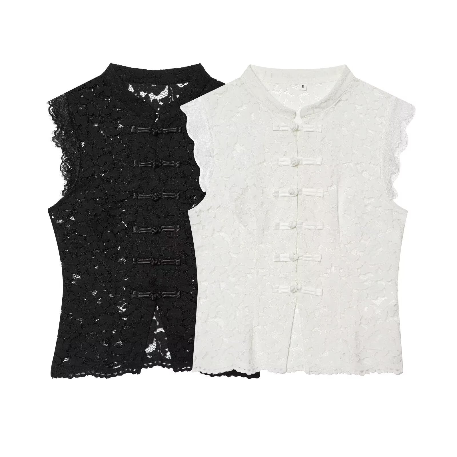 Damen-Spitzenoberteil mit traditionellem Stehkragen und eleganten Knopfdetails