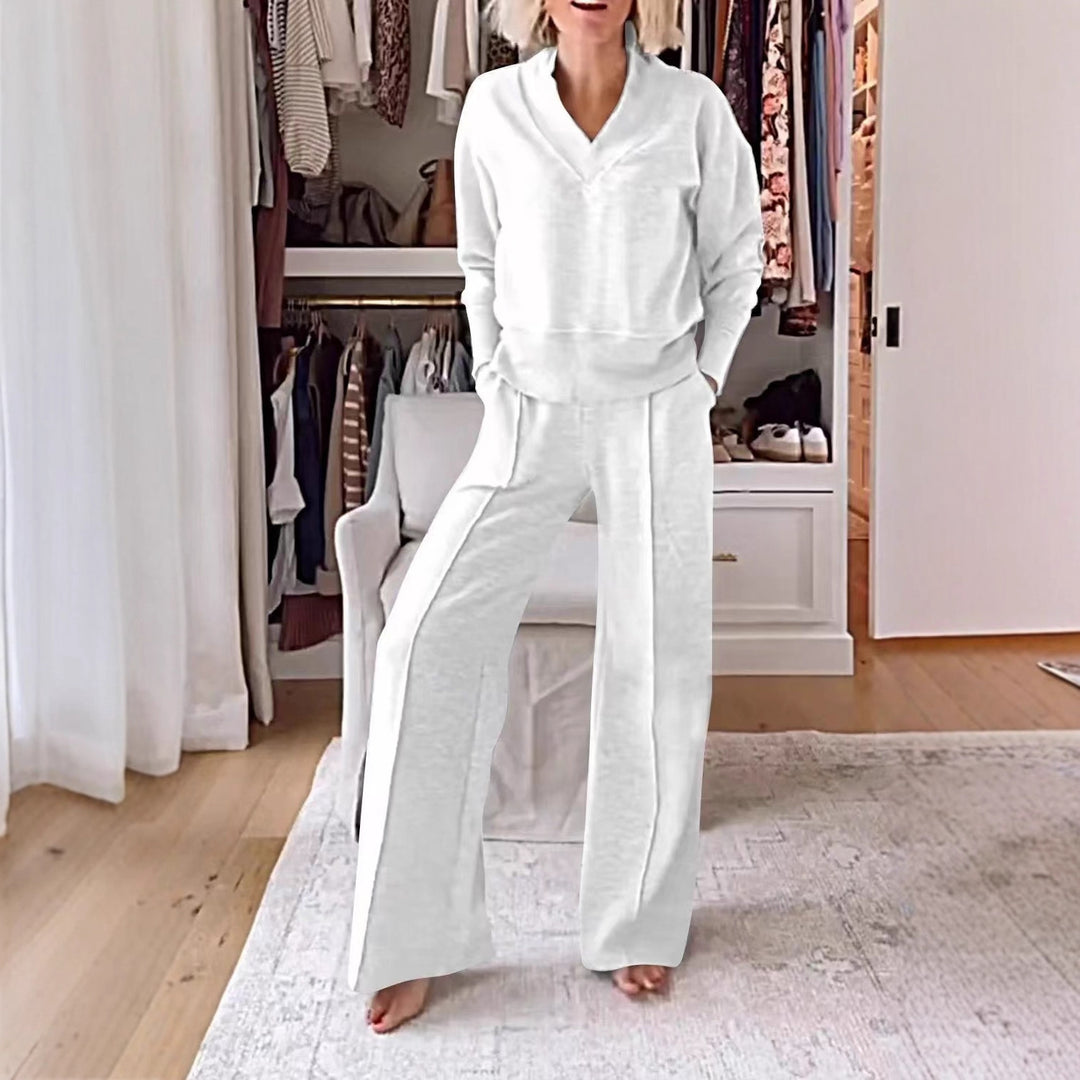 Damen Zweiteiliges Lounge-Set aus weichem Jersey mit V-Ausschnitt und weitem Palazzohosen-Schnitt Shop Nory