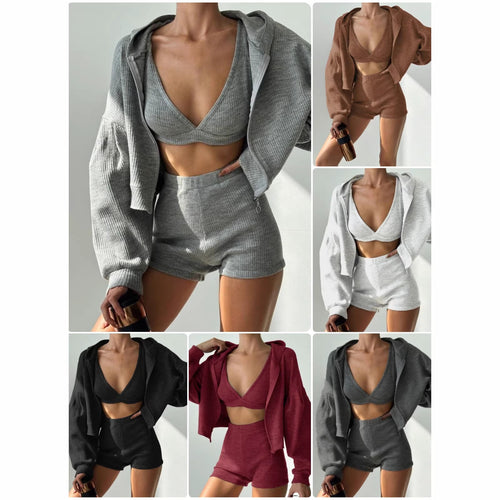 Damen Geripptes Lounge-Set mit Reißverschluss-Hoodie, Stretch-Bralette und High-Waist-Shorts Shop Nory