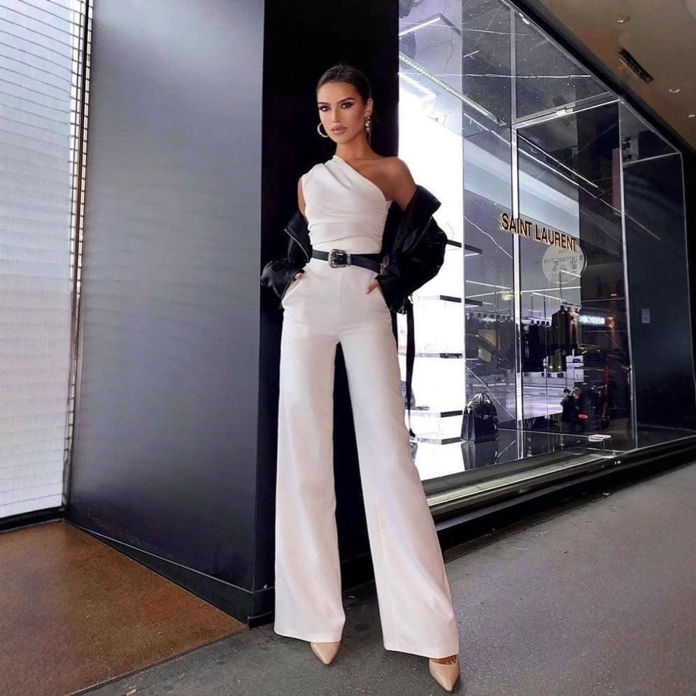 Damen One-Shoulder Jumpsuit mit weitem Bein