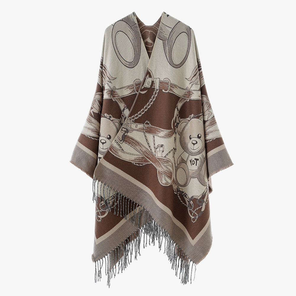 Damen Jacquard-Poncho mit Fransen und illustrativem Teddy-Sattel-Motiv Shop Nory