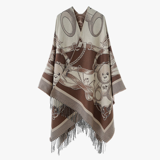 Damen Jacquard-Poncho mit Fransen und illustrativem Teddy-Sattel-Motiv Shop Nory