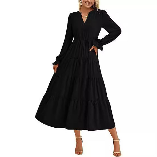 Damen Stufiges Midikleid mit V-Ausschnitt, geraffter Taillennaht und Rüschenmanschetten Shop Nory