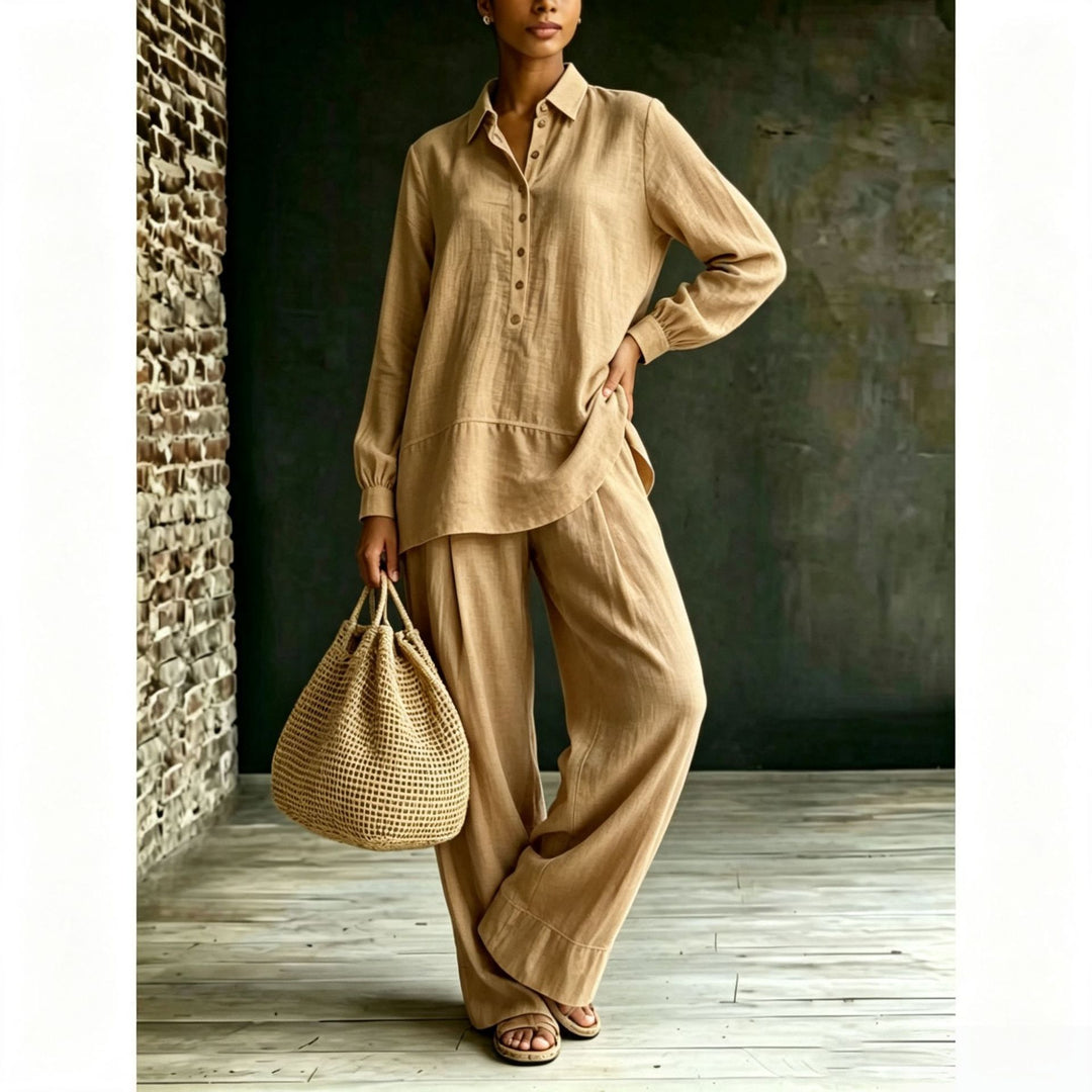 Damen Tunika-Hose Set aus Leinenoptik mit Hemdkragen und weitem Schnitt Shop Nory