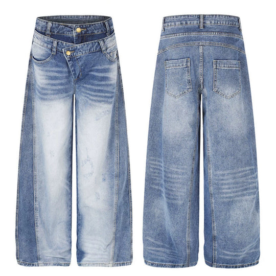Damen Jeanshose mit weitem Culotte‑Schnitt, asymmetrischem Doppelbund und Kontrast-Seitenbahnen Shop Nory