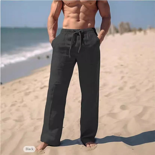 Herren gerade geschnittene Leinen-Loungehose mit Kordelzug, tiefen Eingrifftaschen und atmungsaktiver Struktur Shop Nory
