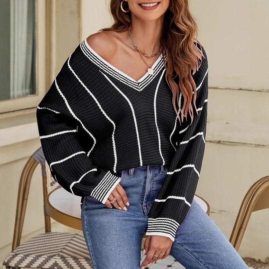 Damen Cropped Strickpullover mit V-Ausschnitt, Waffelstruktur und kontrastierenden Streifen Shop Nory