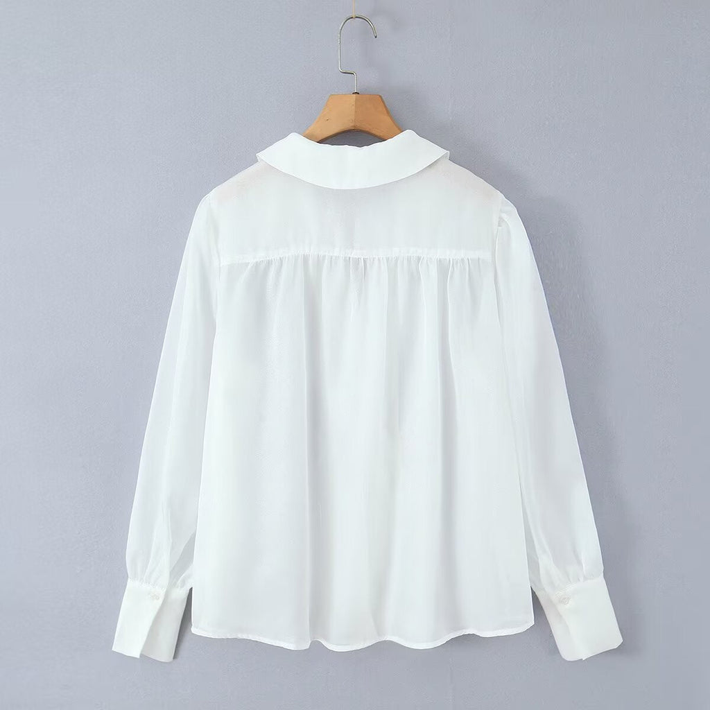 Damen elegante Chiffonbluse mit raffinierten Puffärmeln und edlem Kragen