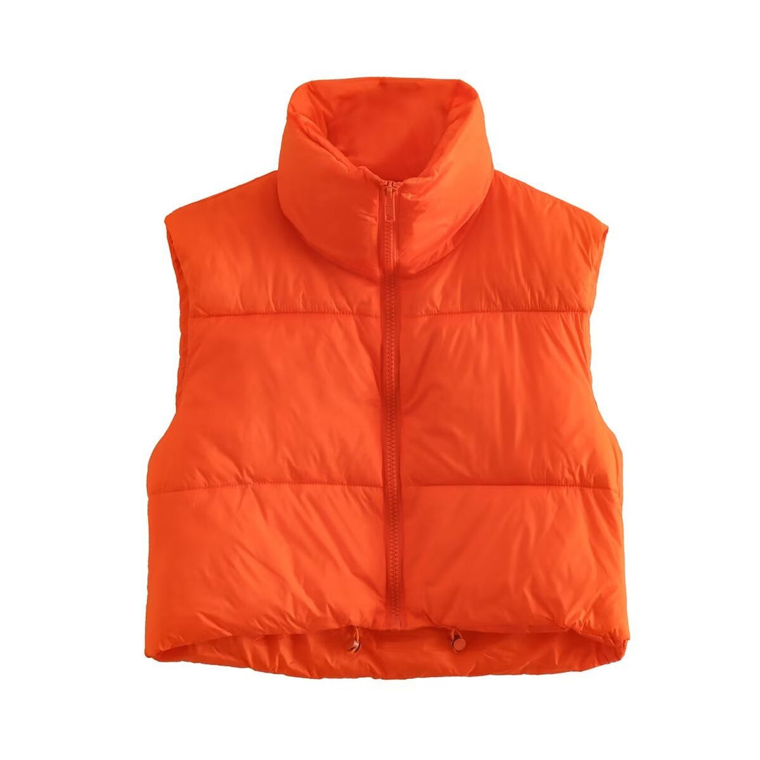 Damen cropped Daunenweste mit hohem Kragen und praktischen Taschen