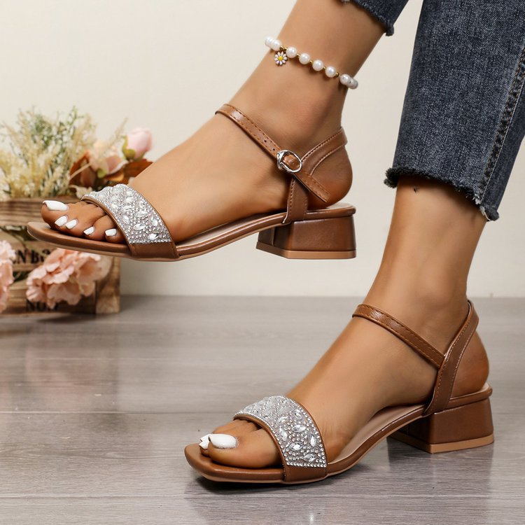 Damen Riemensandaletten mit funkelnder Strass-Applikation und elegantem Blockabsatz
