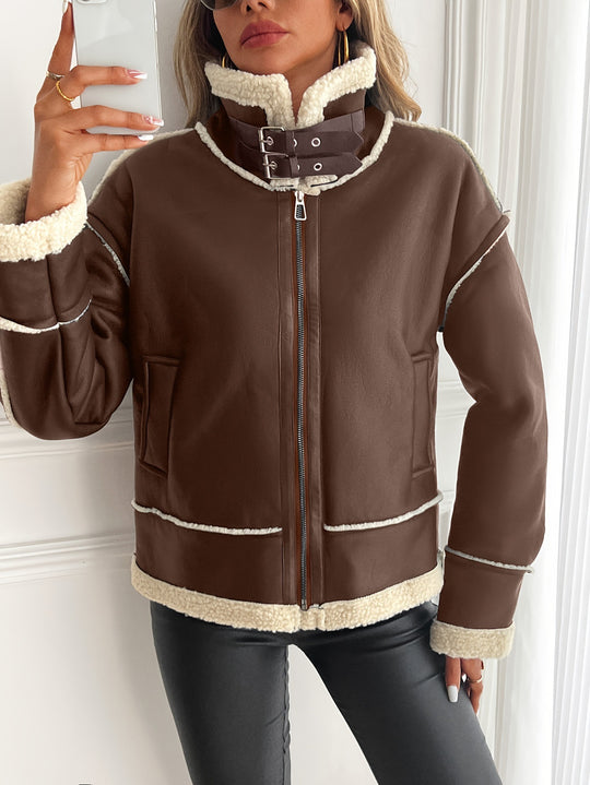 Damen Modische Kunstlederjacke mit Teddyfutter